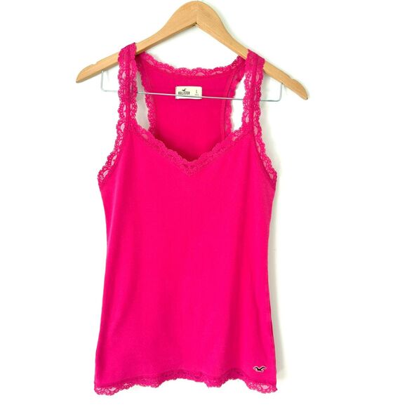 Hollister Y2K Pink Tank Top Lace Trim Coquette Dainty Size L - Picture 1 of 6
